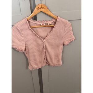 Levis Womens Pink Ribbed Lettuce Edge Short Sleeve Cardigan Top Size M